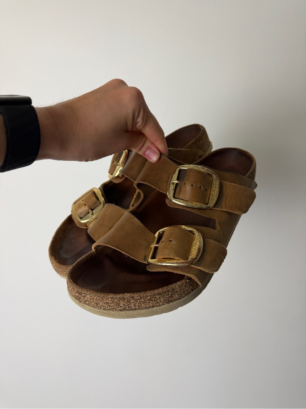 Birkenstock Brown Suede Two-Strap Sandals with Gold Buckles